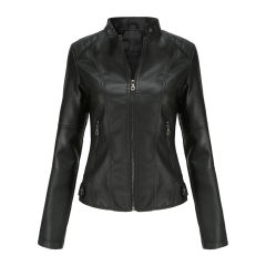 Black Slim Fit Stand Collar PU Motorcycle Jacket TQK280091-2