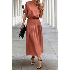 Rust Red Pleated Crop Top with Skirt Set TQX711094-33