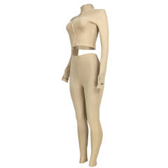 Khaki Cotton Blend Zipper Datail Long Sleeve Top with Pant Set TQK710132-21