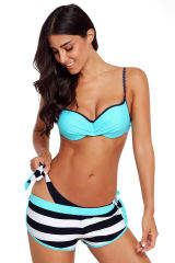 Blue Wrinkled Bra Striped Bikini Bottom Swimsuit