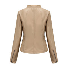 Apricot Zipper Pockets Long Sleeve PU Leather Jacket TQK280093-18