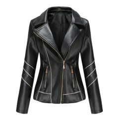 Black Turn Down Slim Fit PU Leather Jacket TQK280095-2