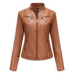 Camel Zipper Pockets Long Sleeve PU Leather Jacket TQK280093-58