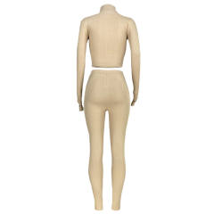 Khaki Cotton Blend Zipper Datail Long Sleeve Top with Pant Set TQK710132-21
