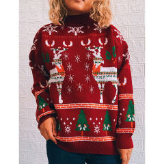 Red Christma Tree Deer Snowflake Print Knit Pullover TQK271415-3