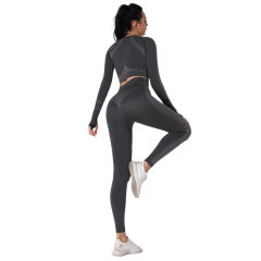 Black Seamless Knit Long Sleeve Pant Yoga Set TQE91372-2
