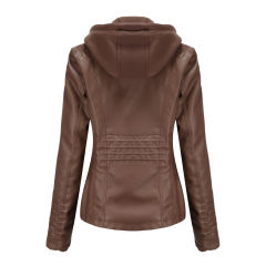 Coffee Removable Hooded Washed PU Leather Jacket TQK280096-15