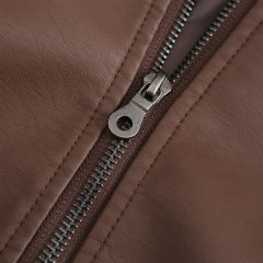 Coffee Slim Fit Stand Collar PU Motorcycle Jacket TQK280091-15
