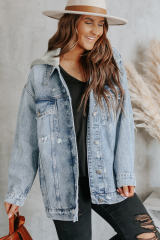 Sky Blue Button Closure Ripped Hooded Denim Jacket LC788143-4