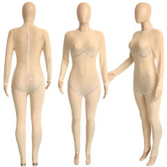 Apricot Mesh Rhinestone Long Sleeve Jumpsuit TQK550274-18