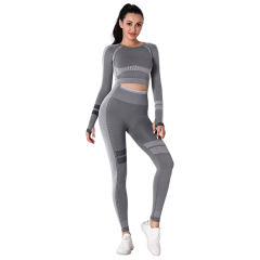 Dark Gray Seamless Knit Long Sleeve Pant Yoga Set TQE91372-26