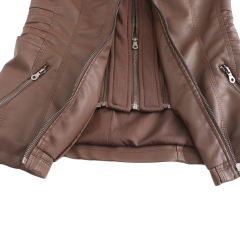 Coffee Removable Hooded Washed PU Leather Jacket TQK280096-15