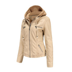 Apricot Removable Hooded Washed PU Leather Jacket TQK280096-18