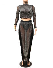 Gold Rhinestone Long Sleeve Crop Tops and Tassels Skirt Set TQV810016-12