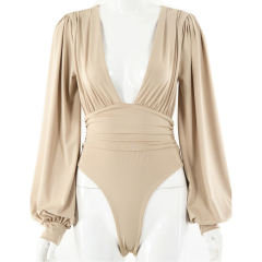 Khaki Deep V Neck Pleated Long Sleeve Bodysuit TQK550214-21