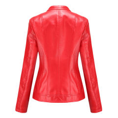 Red Stand Collar Zipper Detail PU Leather Jacket TQK280094-3