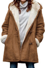 Brown Fleece Suede Mid-length Hooded Coat LC8511335-17