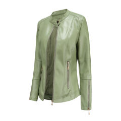 Light Green Stand Collar Zipper Detail PU Leather Jacket TQK280094-28