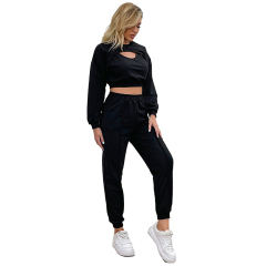 Black Hollow Out Long Sleeve Crop Top with Pant Set TQF711003-2
