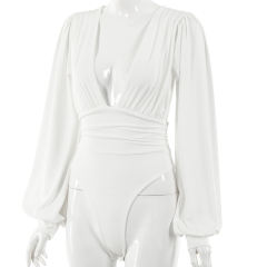 White Deep V Neck Pleated Long Sleeve Bodysuit TQK550214-1