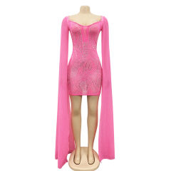 Rosy Mesh Rhinestone Cape Style long Sleeve Dress TQK310774-6