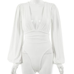White Deep V Neck Pleated Long Sleeve Bodysuit TQK550214-1