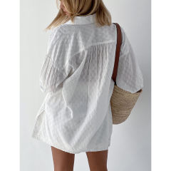 White Hollow-out Jacquard Long Sleeve Shirt with Shorts Set TQF711040-1