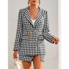 Black Plaid Print Blazer and Button Split Skirt Set TQF711046-2