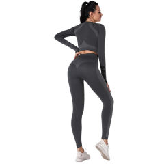 Black Seamless Knit Long Sleeve Pant Yoga Set TQE91372-2