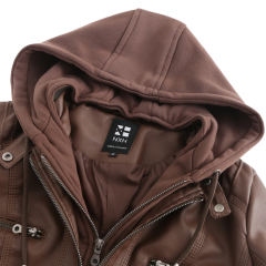 Coffee Removable Hooded Washed PU Leather Jacket TQK280096-15