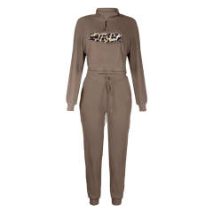 Coffee Zipper Up Leopard Detail Sweatshirt with Pant Set TQK710222-15