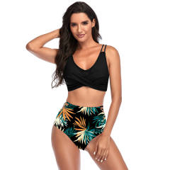 Black Floral Hollow Out High Waist Bikini Set TQK610189-2