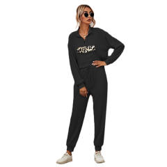 Black Zipper Up Leopard Detail Sweatshirt with Pant Set TQK710222-2