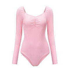 Pink Pleated V Neck Long Sleeve Bodysuit TQK550215-10