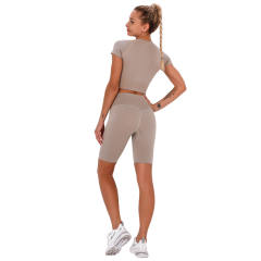 Wood Brown Seamless Short Sleeve Yoga Sports Set TQE00138-213