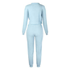 Light Blue Zipper Up Leopard Detail Sweatshirt with Pant Set TQK710222-30