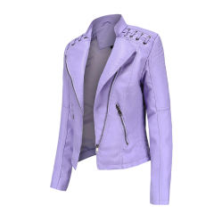 Light Purple Zipper Slim Fit Motorcycle PU Leather Jacket TQK280090-38