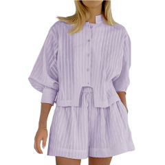 Purple Jacquard 100%Cotton Button Shirt and Shorts Set TQF711024-8