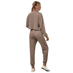 Coffee Zipper Up Leopard Detail Sweatshirt with Pant Set TQK710222-15