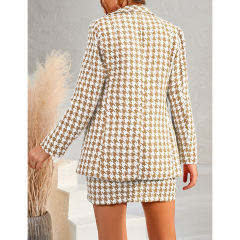 Khaki Plaid Print Blazer and Button Split Skirt Set TQF711046-21