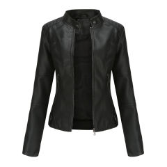 Black Slim Fit Stand Collar PU Motorcycle Jacket TQK280091-2