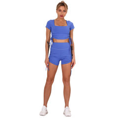 Blue Sides Drawstring Short Sleeve Yoga Short Set TQK710241-5
