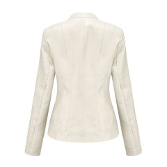 Beige Stand Collar Zipper Detail PU Leather Jacket TQK280094-46