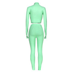 Light Green Cotton Blend Zipper Datail Long Sleeve Top with Pant Set TQK710132-28