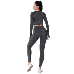 Black Seamless Knit Long Sleeve Pant Yoga Set TQE91372-2