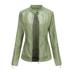 Light Green Stand Collar Zipper Detail PU Leather Jacket TQK280094-28