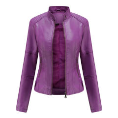 Purple Slim Fit Stand Collar PU Motorcycle Jacket TQK280091-8