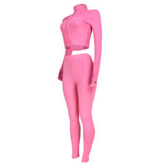 Rosy Cotton Blend Zipper Datail Long Sleeve Top with Pant Set TQK710132-6