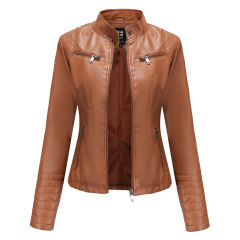 Camel Zipper Pockets Long Sleeve PU Leather Jacket TQK280093-58
