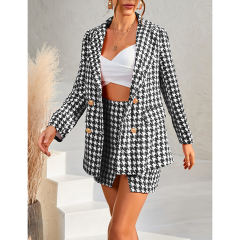 Black Plaid Print Blazer and Button Split Skirt Set TQF711046-2